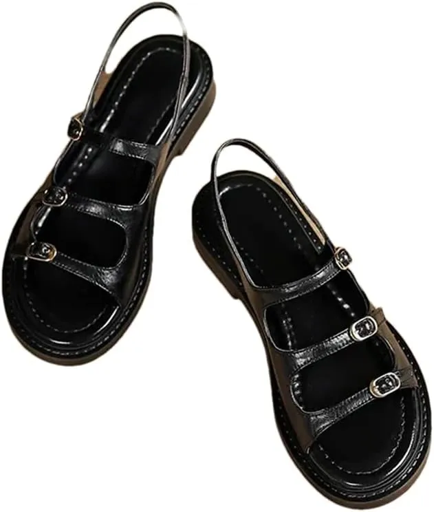 Womens Buckle Strap Back Strap Flat Heel Open Side Vamp Gladiator Sandals Leather Rome Detail Casual Summer Sandals
