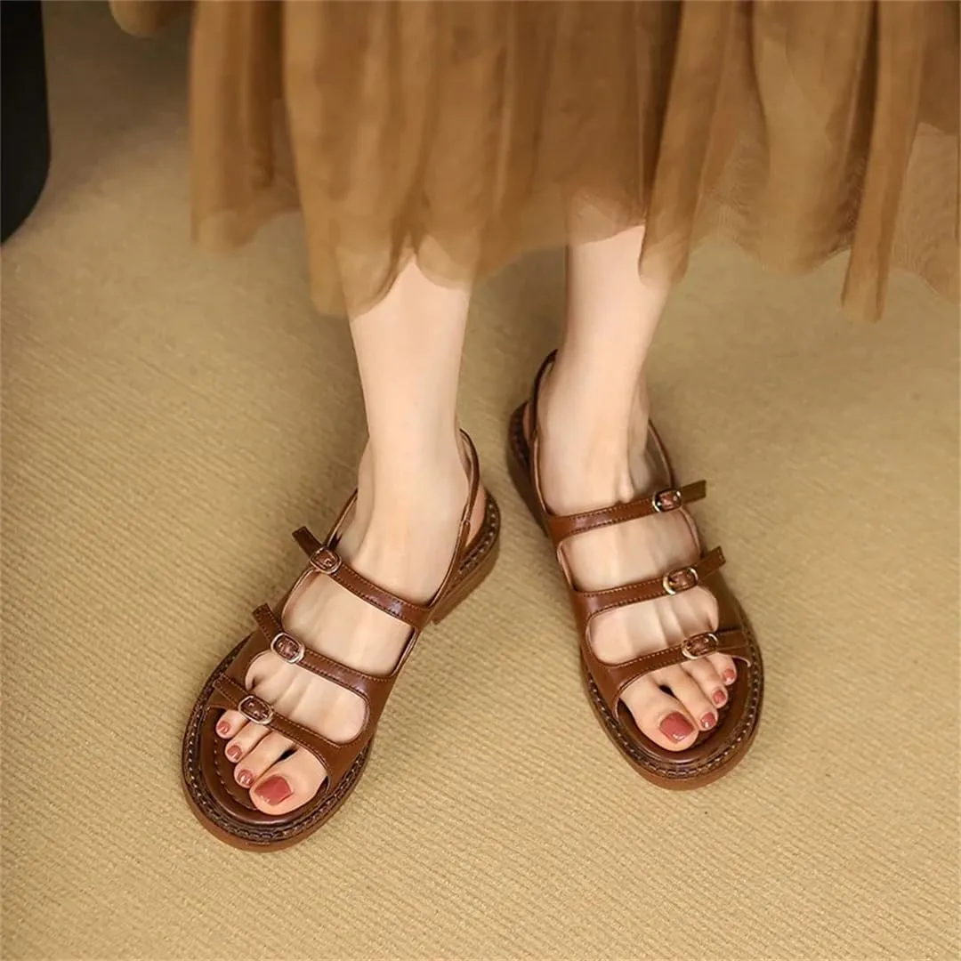 Womens Buckle Strap Back Strap Flat Heel Open Side Vamp Gladiator Sandals Leather Rome Detail Casual Summer Sandals