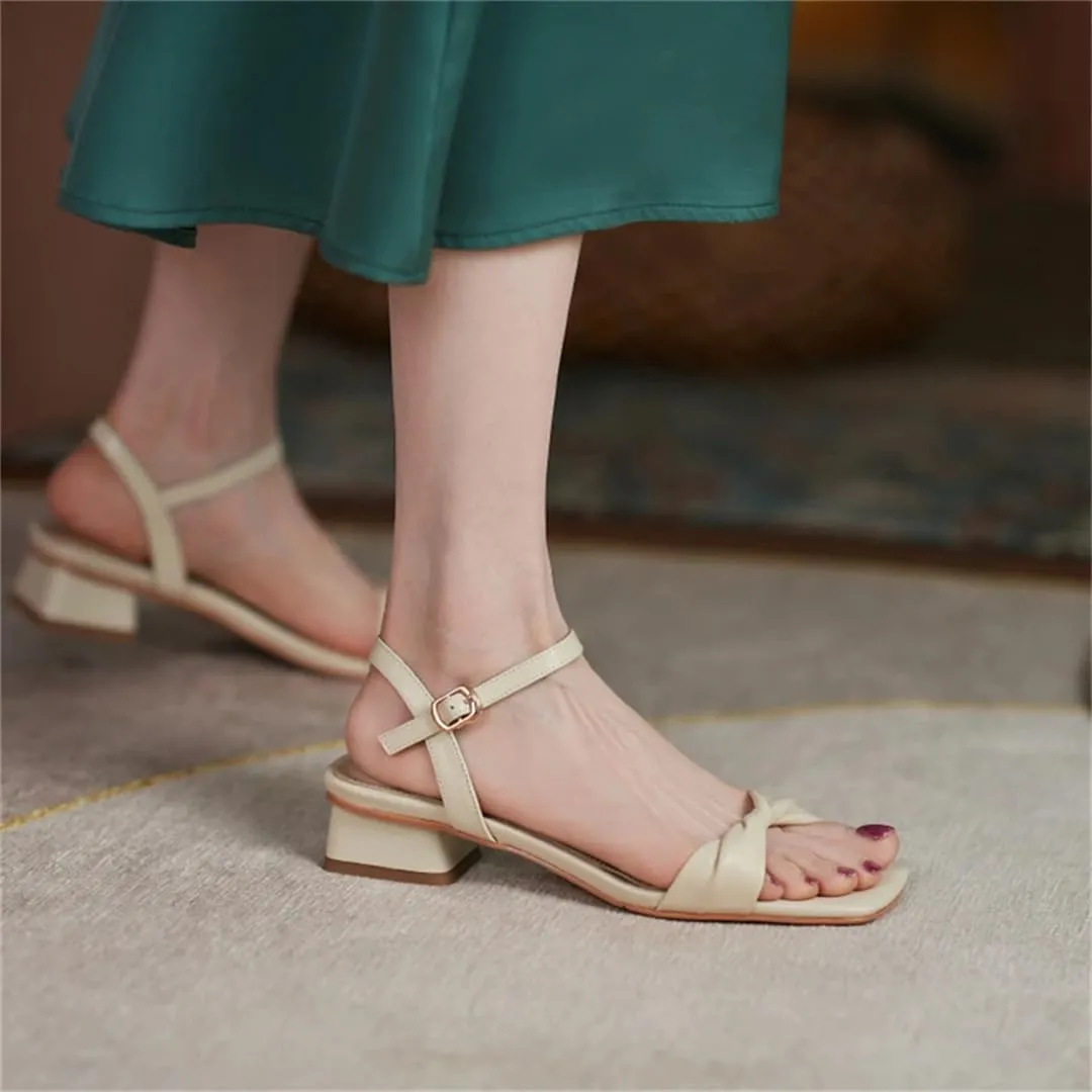 Womens Buckle Strap Front Rear Strap Flat Heel Open Side Vamp Concise Sandals Cow Leather Casual Square Summer Sandals