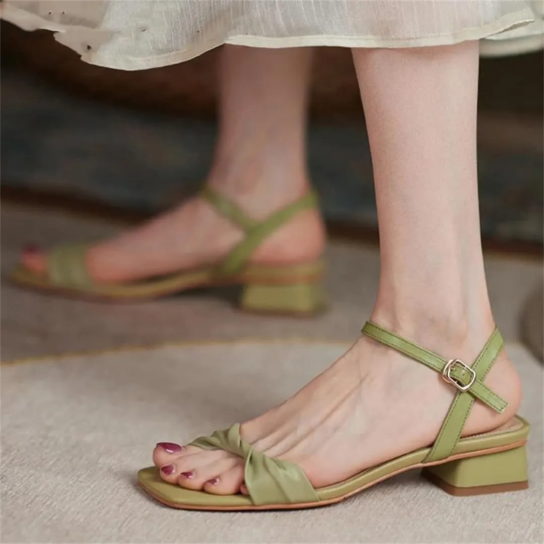 Womens Buckle Strap Front Rear Strap Flat Heel Open Side Vamp Concise Sandals Cow Leather Casual Square Summer Sandals