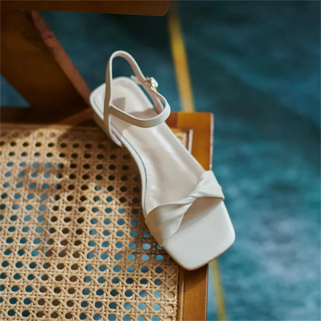 Womens Buckle Strap Front Rear Strap Flat Heel Open Side Vamp Concise Sandals Cow Leather Casual Square Summer Sandals
