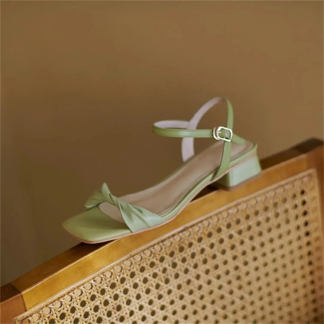 Womens Buckle Strap Front Rear Strap Flat Heel Open Side Vamp Concise Sandals Cow Leather Casual Square Summer Sandals