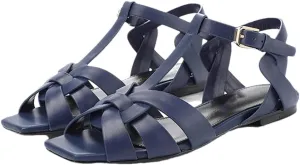 Womens Buckle Strap Front Rear Strap Flat Heel Open Side Vamp Modern Sandals Leather Summer Sandals