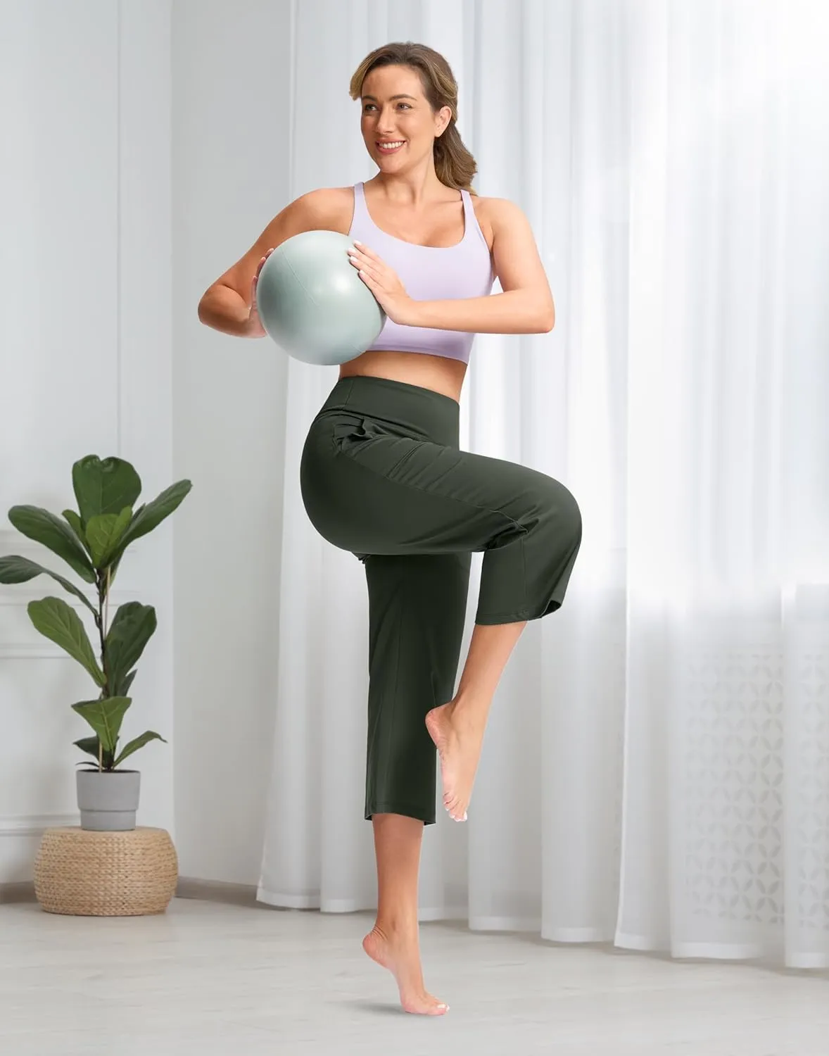 Women's Capri Pants with Pockets High Waist Yoga Pants Wide Leg Workout Crop Summer Pants for Casual, Travel, Exercise