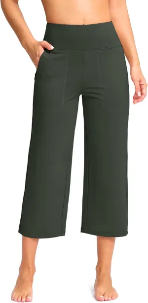 Women's Capri Pants with Pockets High Waist Yoga Pants Wide Leg Workout Crop Summer Pants for Casual, Travel, Exercise