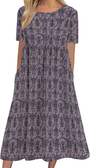 Womens Casual Linen Dresses for Summer Short Sleeve Flare Midi Dress Oversized Loose Flowy Beach Sundress