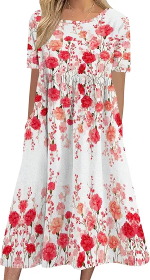 Womens Casual Linen Dresses for Summer Short Sleeve Flare Midi Dress Oversized Loose Flowy Beach Sundress