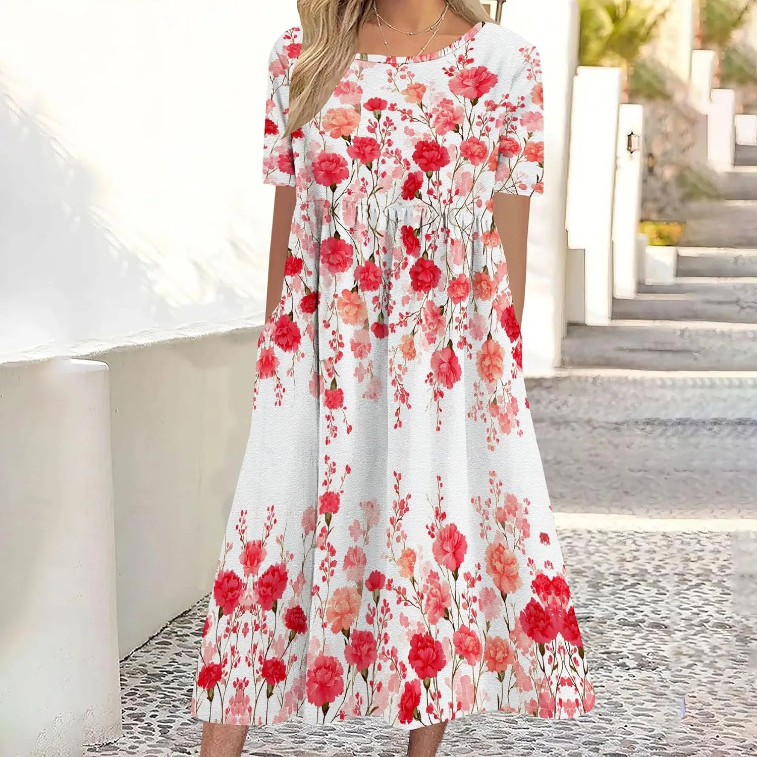 Womens Casual Linen Dresses for Summer Short Sleeve Flare Midi Dress Oversized Loose Flowy Beach Sundress