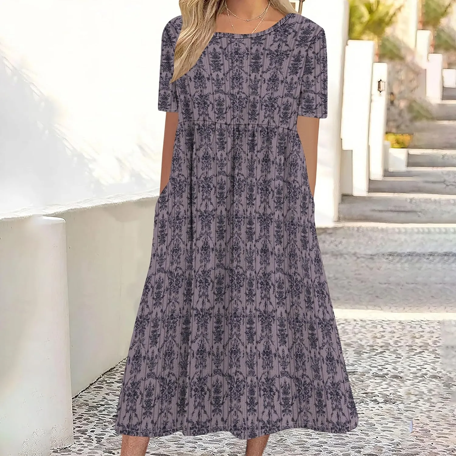 Womens Casual Linen Dresses for Summer Short Sleeve Flare Midi Dress Oversized Loose Flowy Beach Sundress