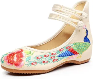 Women's Chinese Traditional Embroidered Oxfords Sole Cheongsam Mary Jane Shoes Ladies Casual Comfort Soft Canvas Flats