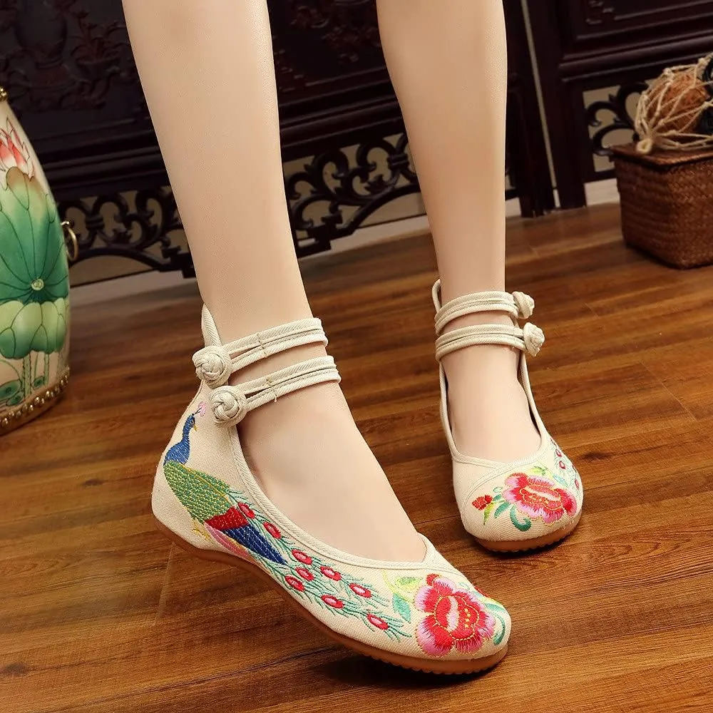 Women's Chinese Traditional Embroidered Oxfords Sole Cheongsam Mary Jane Shoes Ladies Casual Comfort Soft Canvas Flats