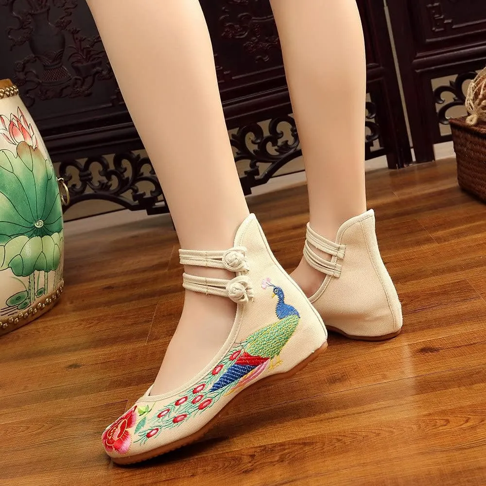 Women's Chinese Traditional Embroidered Oxfords Sole Cheongsam Mary Jane Shoes Ladies Casual Comfort Soft Canvas Flats