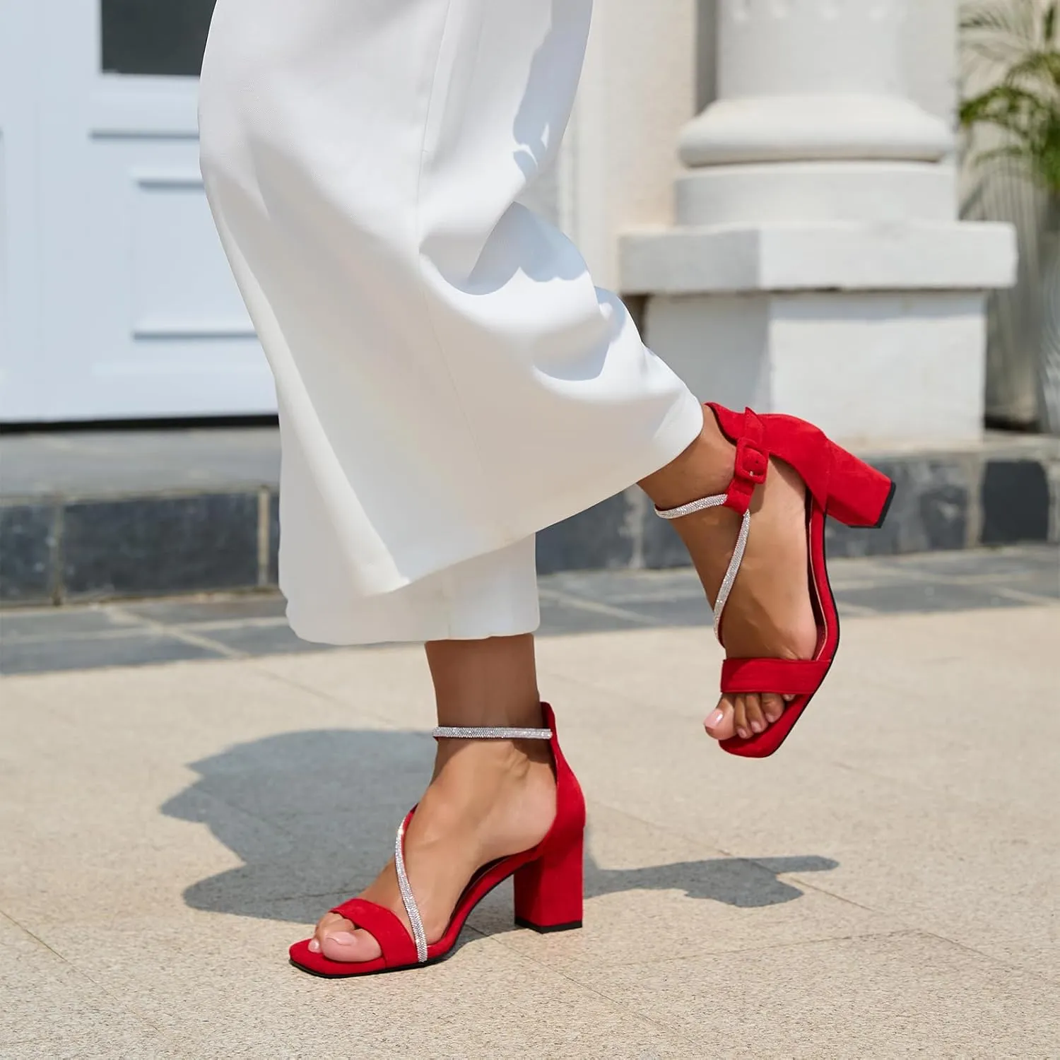 Women's Chunky Block Heels Open Toe Rhinestone Ankle Strap Heeled Sandals Summer Sexy Comfortable Strappy Sandals Party Dress Work Wedding Bride Shoes