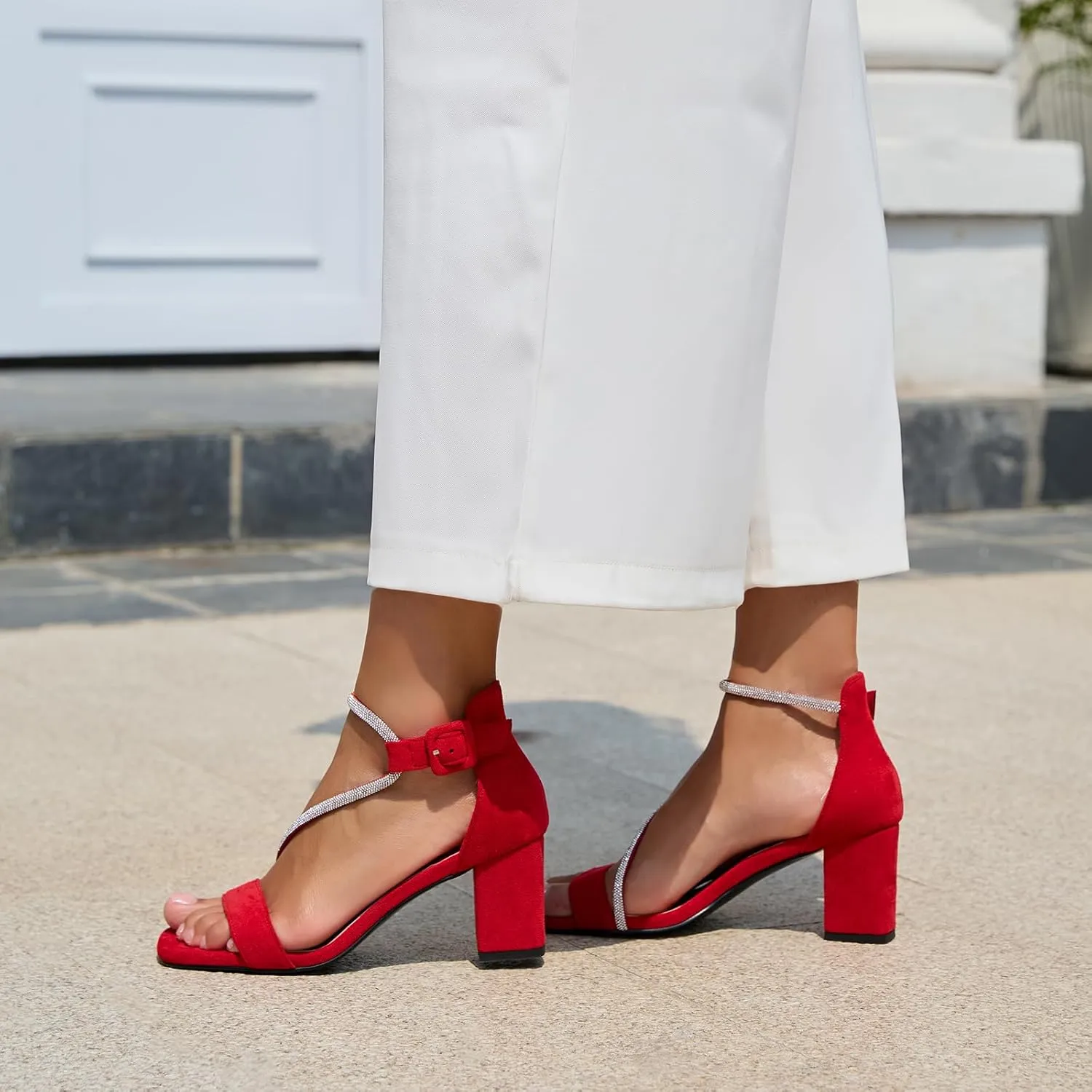 Women's Chunky Block Heels Open Toe Rhinestone Ankle Strap Heeled Sandals Summer Sexy Comfortable Strappy Sandals Party Dress Work Wedding Bride Shoes