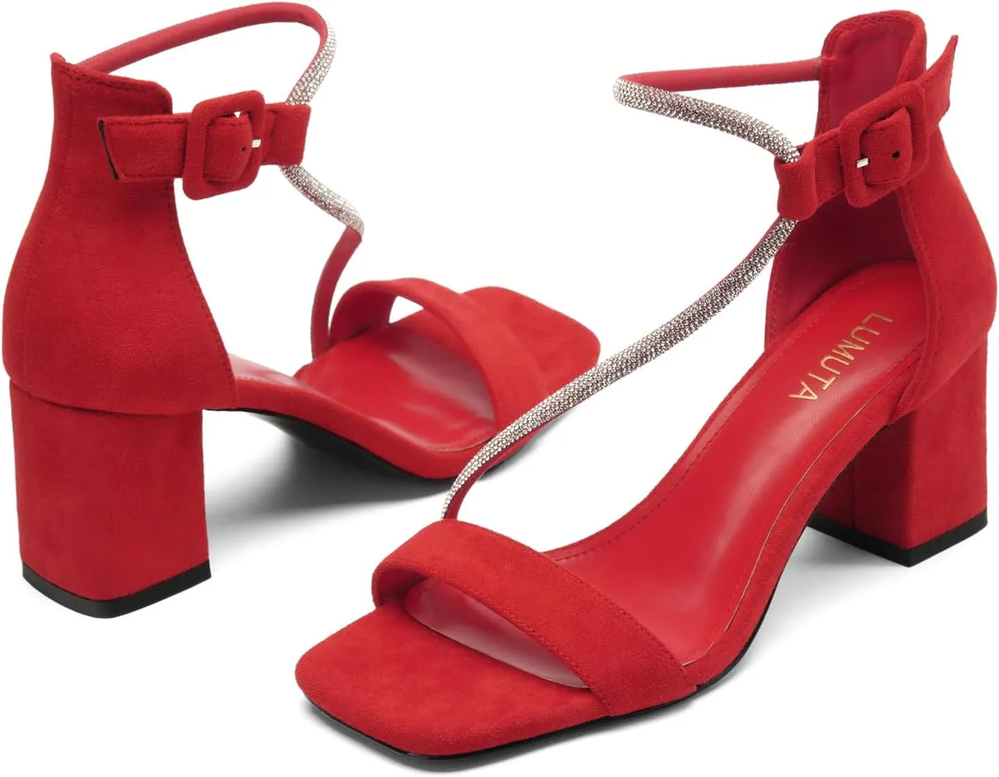 Women's Chunky Block Heels Open Toe Rhinestone Ankle Strap Heeled Sandals Summer Sexy Comfortable Strappy Sandals Party Dress Work Wedding Bride Shoes
