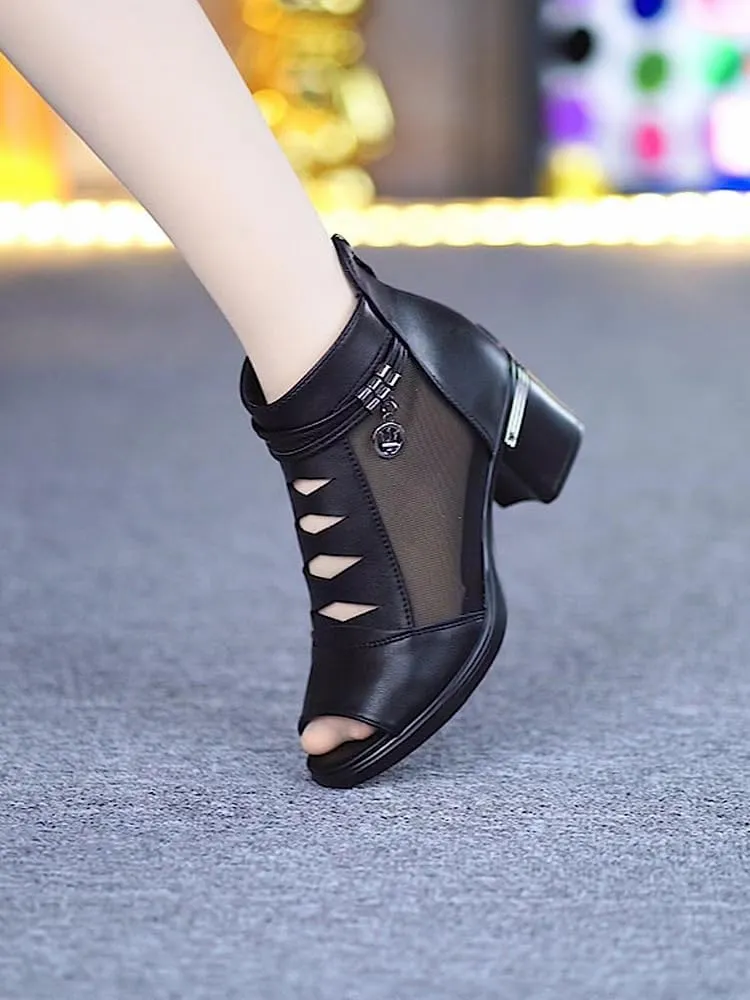 Women's Chunky Heeled Sandals, Pointed Toe Contrast Mesh Breathable High Heels, Women's Zip Back Boots