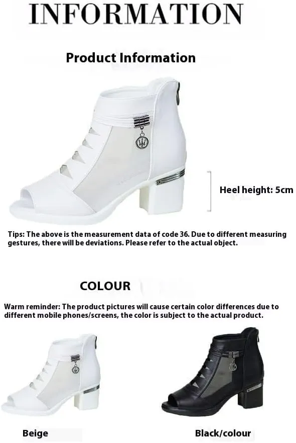 Women's Chunky Heeled Sandals, Pointed Toe Contrast Mesh Breathable High Heels, Women's Zip Back Boots