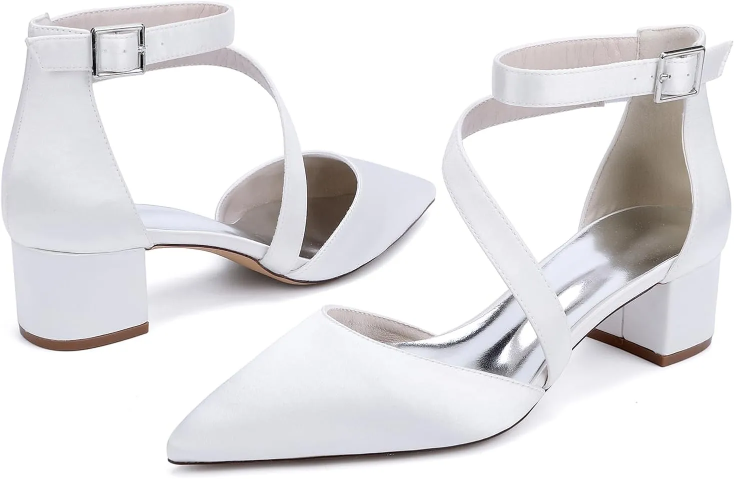 Womens Closed Pointed Toe Bridal Shoes Satin Ankle Strap Sandals Wedding Business Dress Shoes Block Chunky Heel Pumps