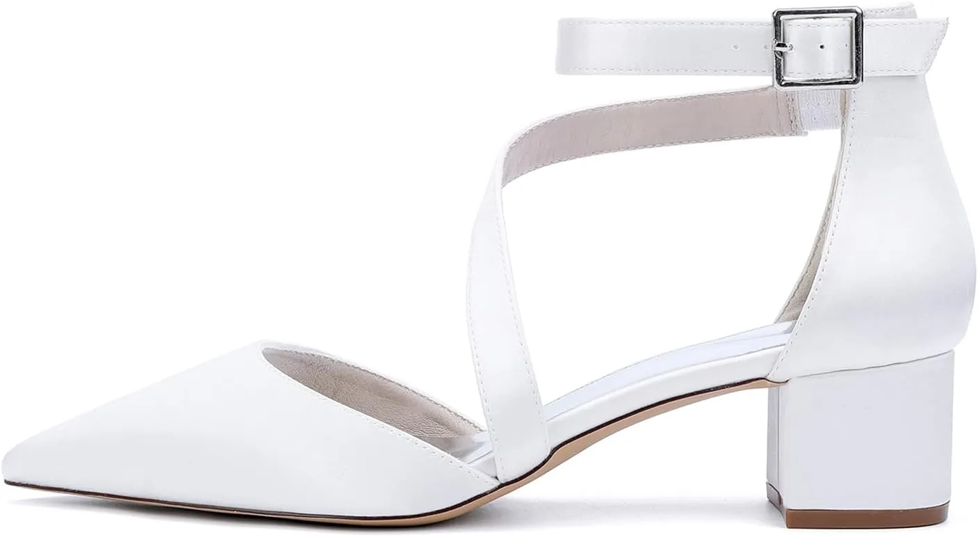 Womens Closed Pointed Toe Bridal Shoes Satin Ankle Strap Sandals Wedding Business Dress Shoes Block Chunky Heel Pumps