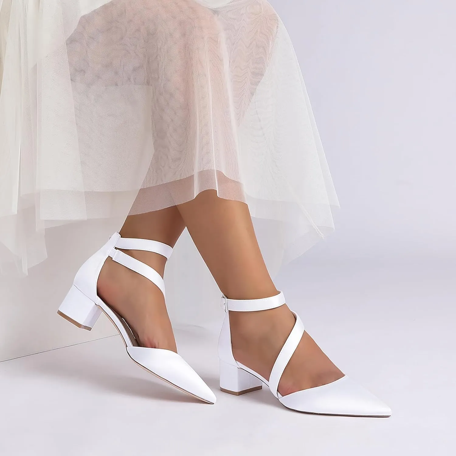 Womens Closed Pointed Toe Bridal Shoes Satin Ankle Strap Sandals Wedding Business Dress Shoes Block Chunky Heel Pumps
