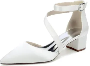 Womens Closed Pointed Toe Bridal Shoes Satin Ankle Strap Sandals Wedding Business Dress Shoes Block Chunky Heel Pumps