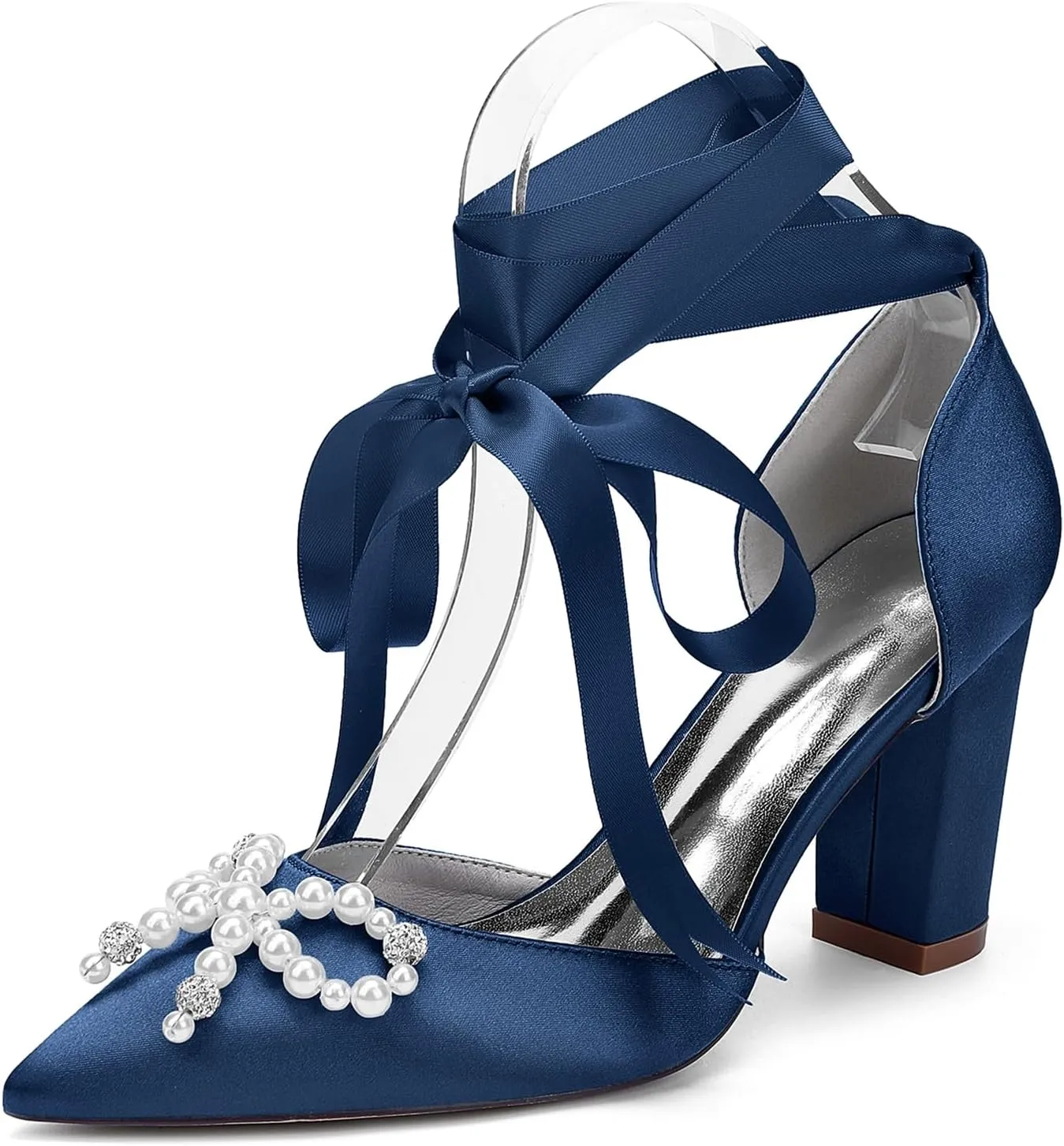 Women's Closed Toe Satin Wedding Shoes for Bride Block Heel Slip-on White Pearls Cross Strap Prom Evening Dress Pumps