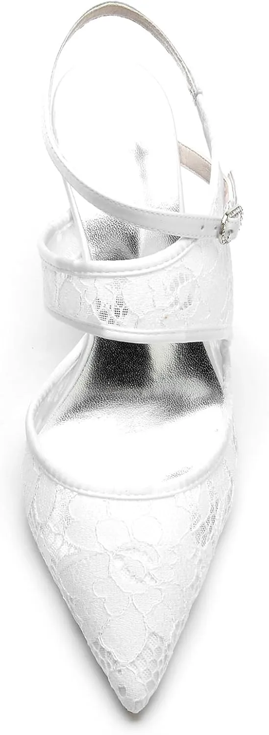 Women's Closed Toe Wedding Shoes for Bride Slingback Lace Shoes High Heel Ankle Strap Prom Party Dress Shoes Pumps