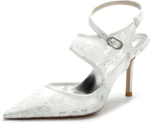 Women's Closed Toe Wedding Shoes for Bride Slingback Lace Shoes High Heel Ankle Strap Prom Party Dress Shoes Pumps