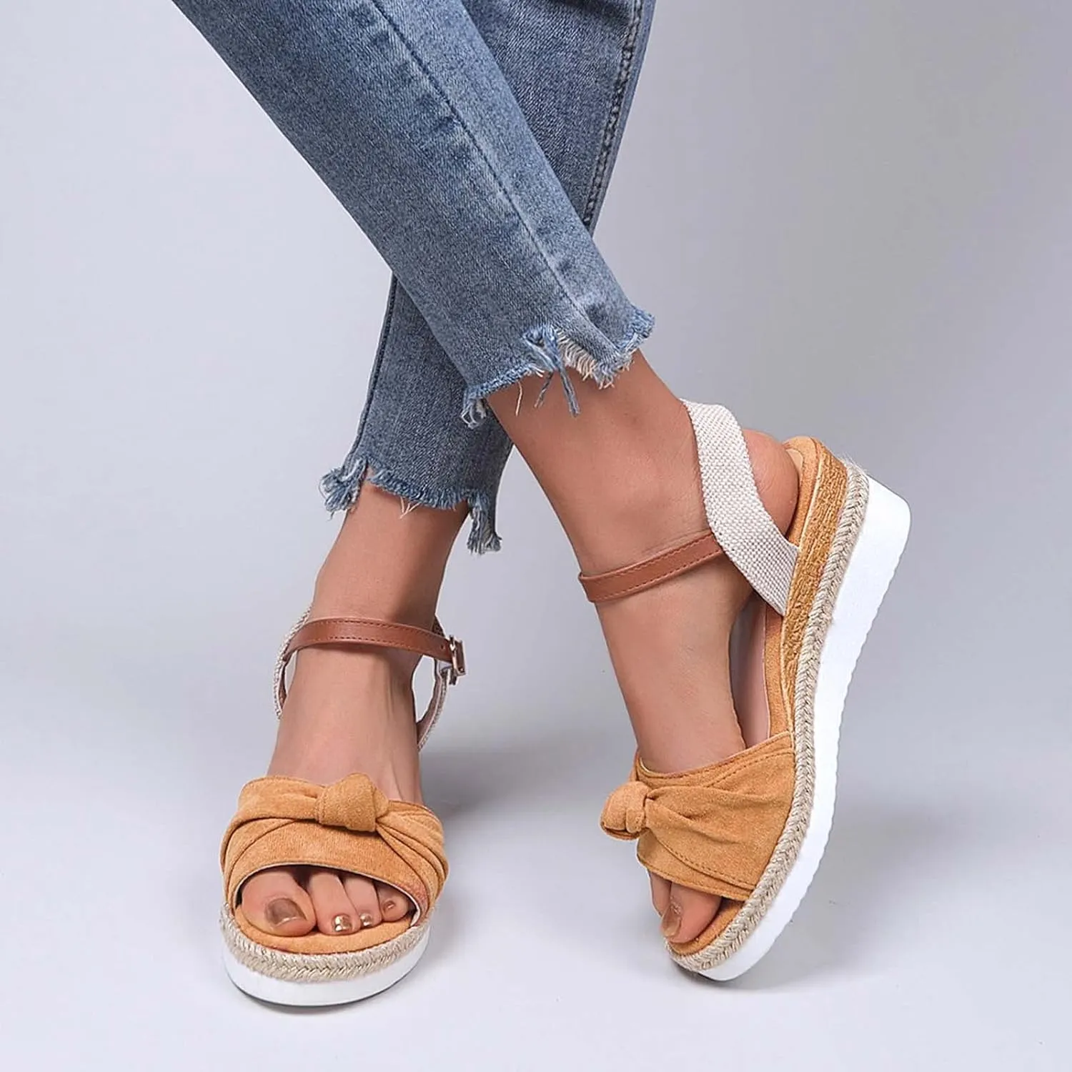 Women's Colorblock Braided Wedge Sandal Bowknot Embellished Thick Strappy Shoe Hook and Eye High Heel Platform Shoes