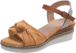 Women's Colorblock Braided Wedge Sandal Bowknot Embellished Thick Strappy Shoe Hook and Eye High Heel Platform Shoes