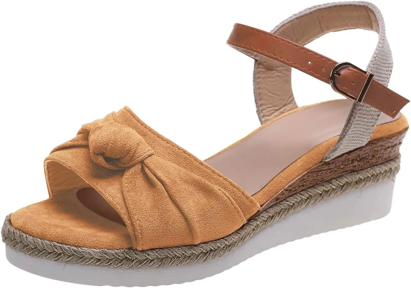 Women's Colorblock Braided Wedge Sandal Bowknot Embellished Thick Strappy Shoe Hook and Eye High Heel Platform Shoes