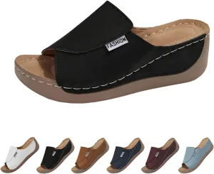 Women's Comfort Arch Support Slides Summer Breathable Orthotic Leather Platform Wedge Sandals Slip on All Day Walking Casual Sandal Solid Color Orthotic Sandals for Women
