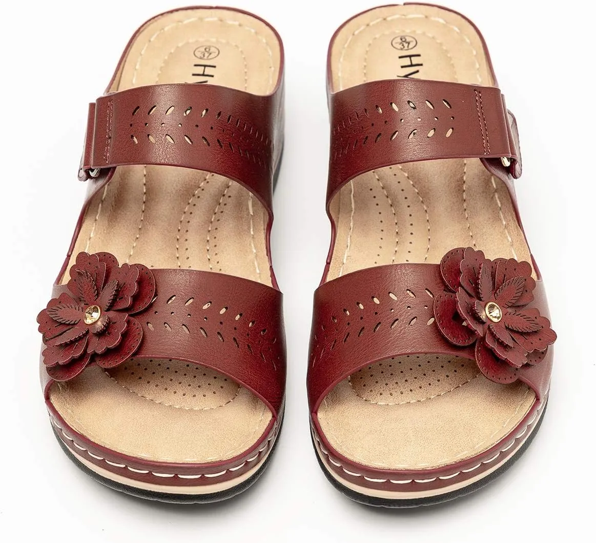 Women's Comfortable Platform Wedges Hook&Loop Adjustable Strappy Flower Black Sandals -Rhinestone Rivets Ladies Indoors Or Outdoors Comfortable Brown Slides For Women