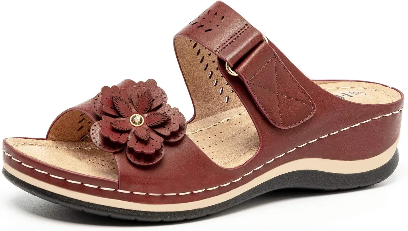 Women's Comfortable Platform Wedges Hook&Loop Adjustable Strappy Flower Black Sandals -Rhinestone Rivets Ladies Indoors Or Outdoors Comfortable Brown Slides For Women