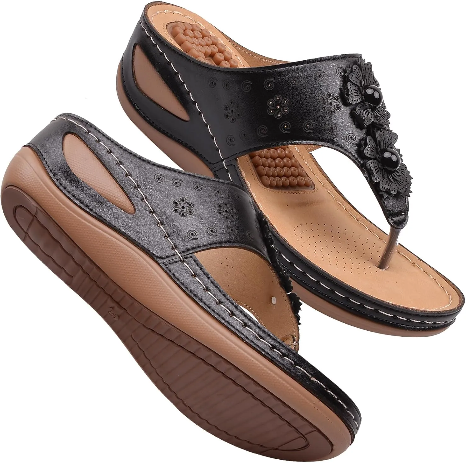 Womens Comfy Wedge Orthopedic Sandals Summer Platform Wedges Flower Comfortable Dressy Casual Beach Shoes Slides Walking Flip Flops for Women with Arch Support Breathable Lightweight Slippers