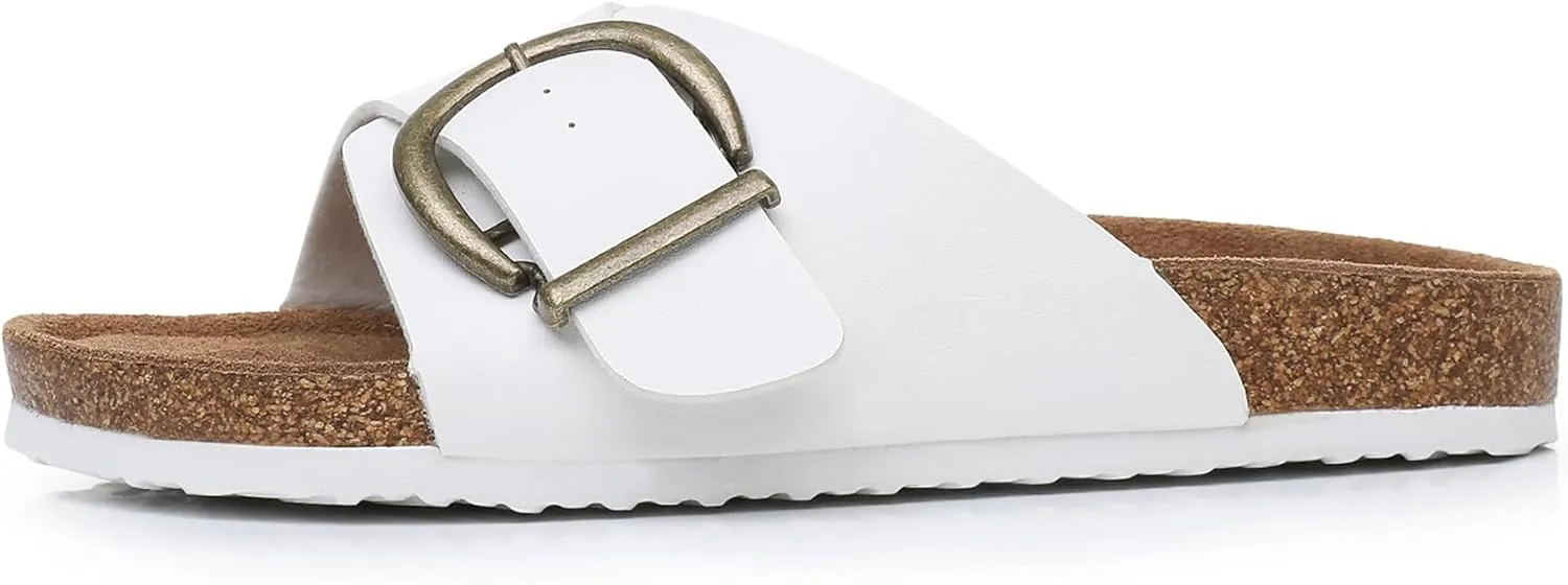 Women's Cork Footbed Sandals Cow Suede Slide Sandals for Women with Adjustable Strap Buckle Open Toe Beach Sandals