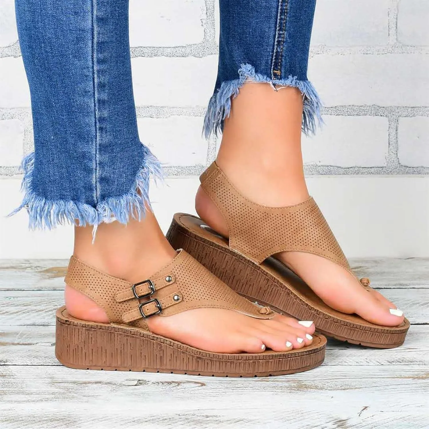 Womens Flat Sandals Ladies Summer Vintage Buckle Design Ankle Strap Thong Sandals Faux Leather Flip Flops Comfy T-Bar Slingback Wedge Walking Shoes,Black,US8/EU39