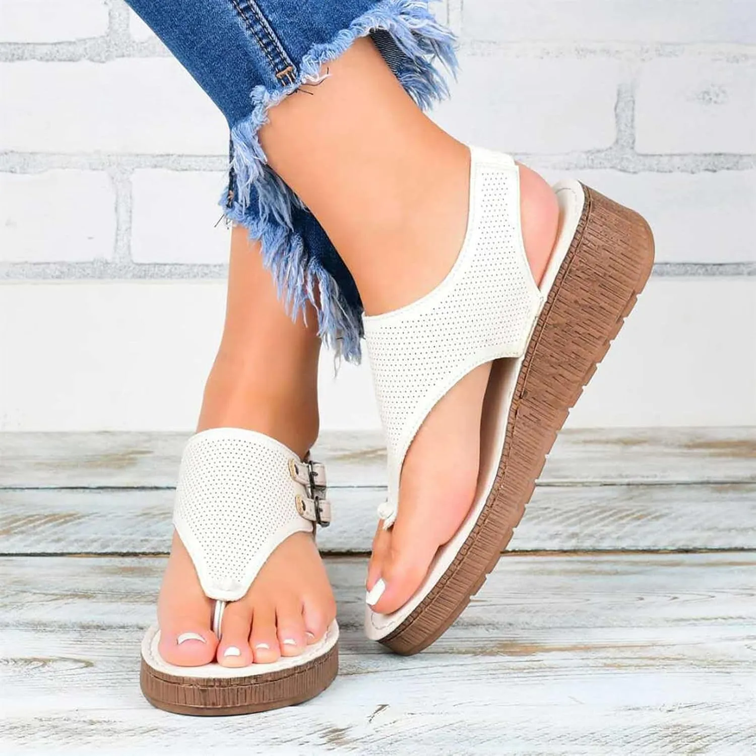 Womens Flat Sandals Ladies Summer Vintage Buckle Design Ankle Strap Thong Sandals Faux Leather Flip Flops Comfy T-Bar Slingback Wedge Walking Shoes,Black,US8/EU39