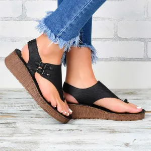 Womens Flat Sandals Ladies Summer Vintage Buckle Design Ankle Strap Thong Sandals Faux Leather Flip Flops Comfy T-Bar Slingback Wedge Walking Shoes,Black,US8/EU39