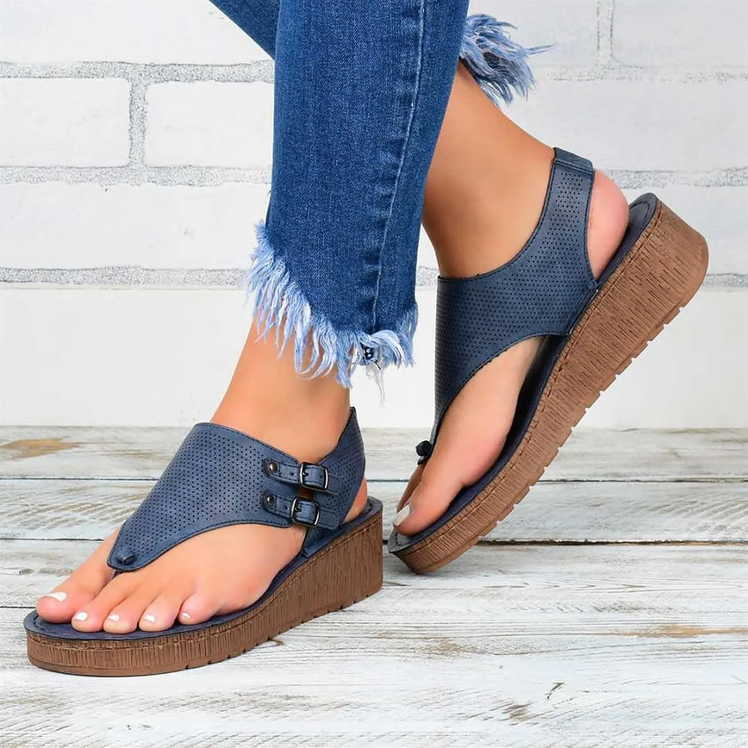 Womens Flat Sandals Ladies Summer Vintage Buckle Design Ankle Strap Thong Sandals Faux Leather Flip Flops Comfy T-Bar Slingback Wedge Walking Shoes,Blue,US11/EU42