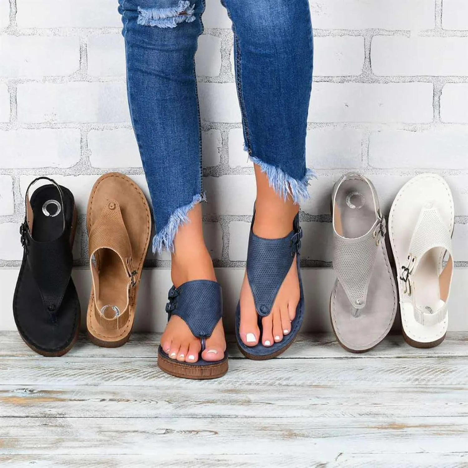Womens Flat Sandals Ladies Summer Vintage Buckle Design Ankle Strap Thong Sandals Faux Leather Flip Flops Comfy T-Bar Slingback Wedge Walking Shoes,Blue,US11/EU42