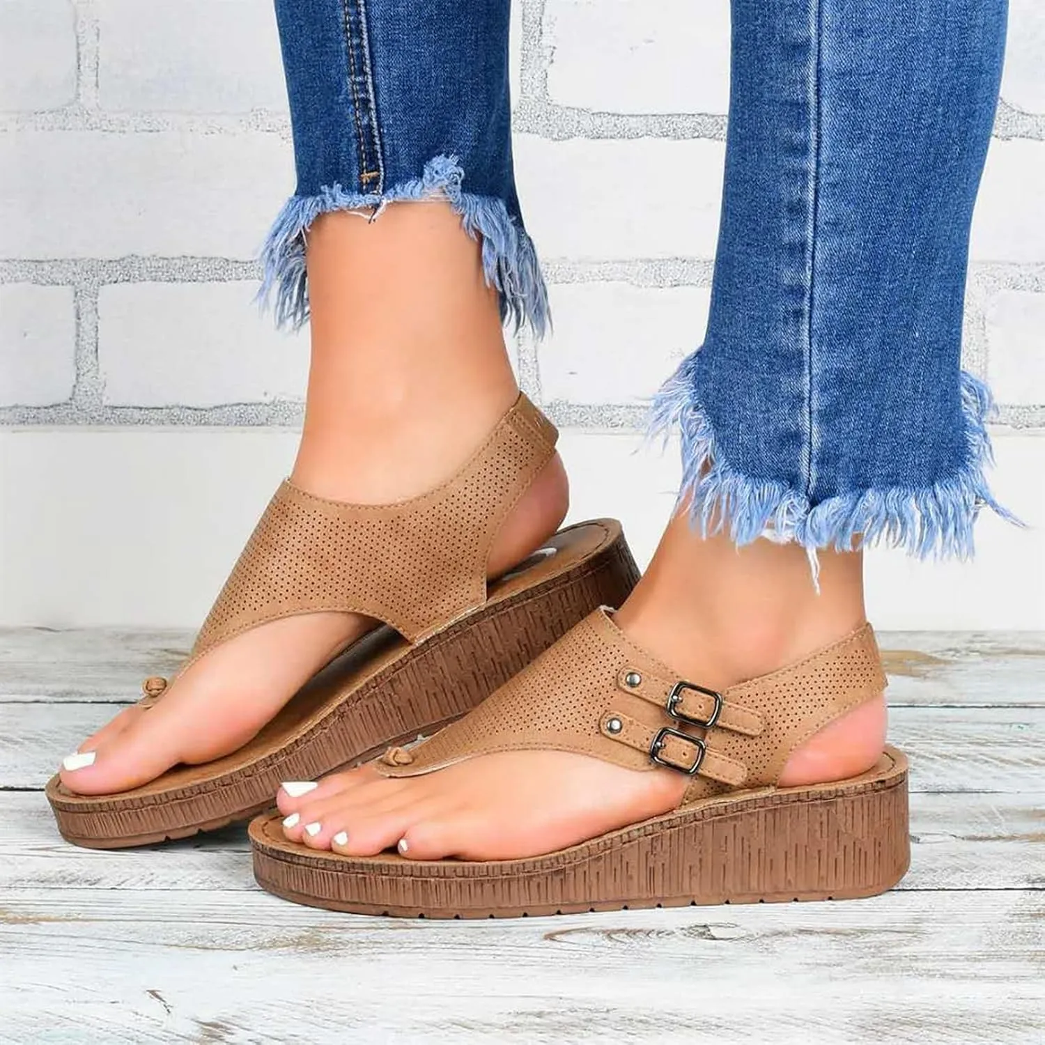 Womens Flat Sandals Ladies Summer Vintage Buckle Design Ankle Strap Thong Sandals Faux Leather Flip Flops Comfy T-Bar Slingback Wedge Walking Shoes,Blue,US11/EU42