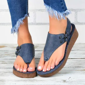 Womens Flat Sandals Ladies Summer Vintage Buckle Design Ankle Strap Thong Sandals Faux Leather Flip Flops Comfy T-Bar Slingback Wedge Walking Shoes,Blue,US11/EU42