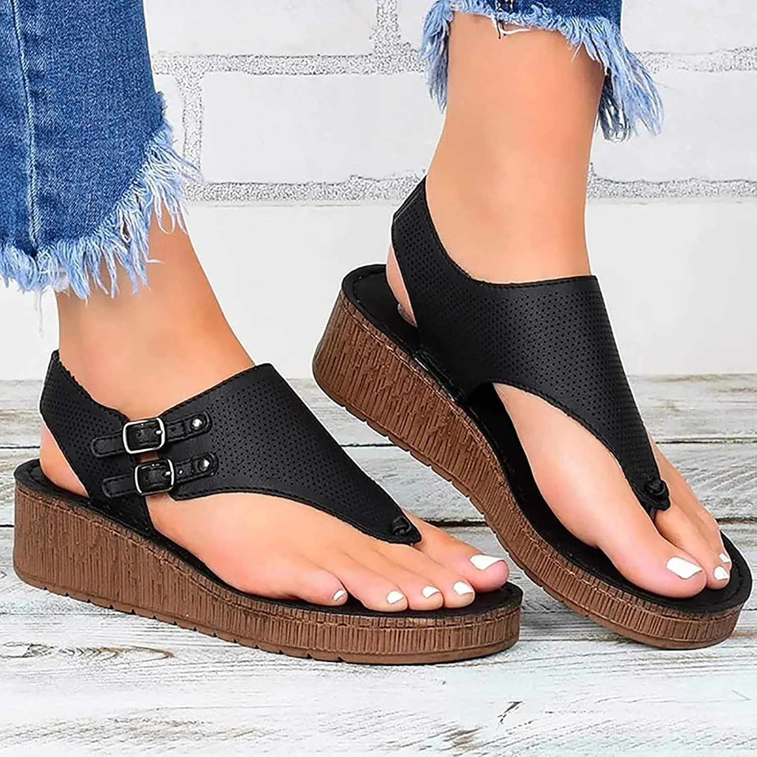 Womens Flat Sandals Ladies Summer Vintage Buckle Design Ankle Strap Thong Sandals Faux Leather Flip Flops Comfy T-Bar Slingback Wedge Walking Shoes,Blue,US11/EU42