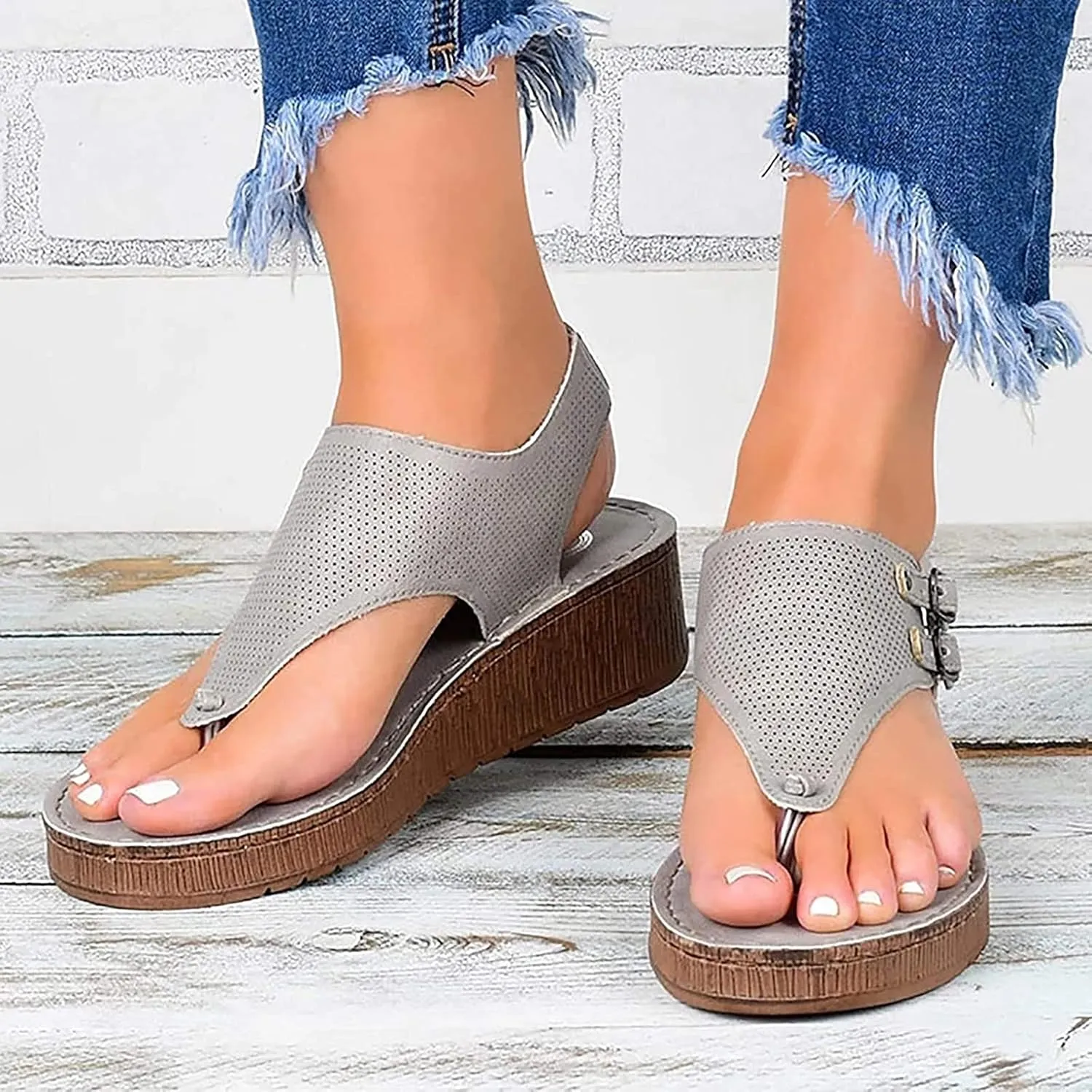 Womens Flat Sandals Ladies Summer Vintage Buckle Design Ankle Strap Thong Sandals Faux Leather Flip Flops Comfy T-Bar Slingback Wedge Walking Shoes,Blue,US11/EU42