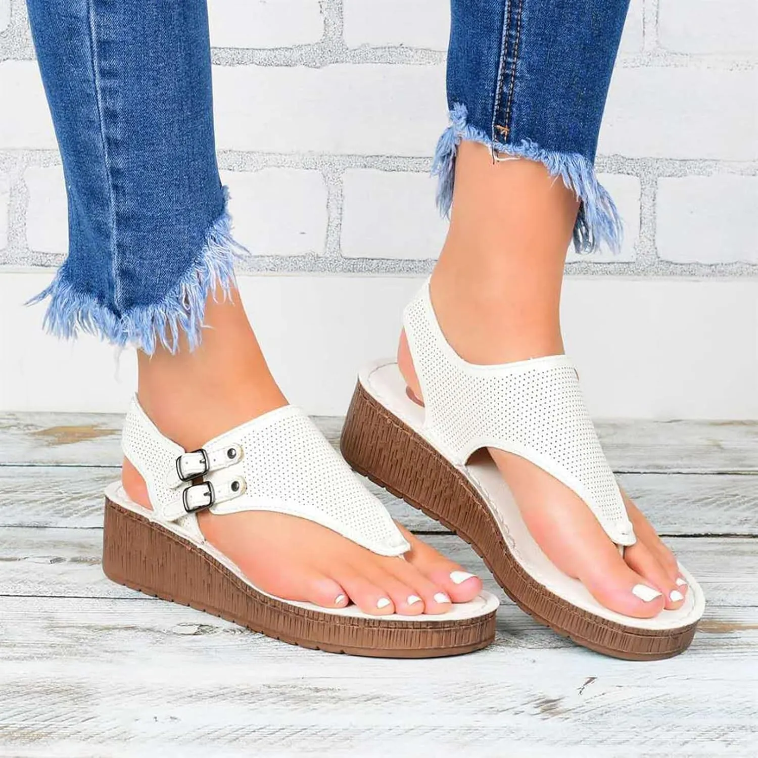 Womens Flat Sandals Ladies Summer Vintage Buckle Design Ankle Strap Thong Sandals Faux Leather Flip Flops Comfy T-Bar Slingback Wedge Walking Shoes,Blue,US11/EU42