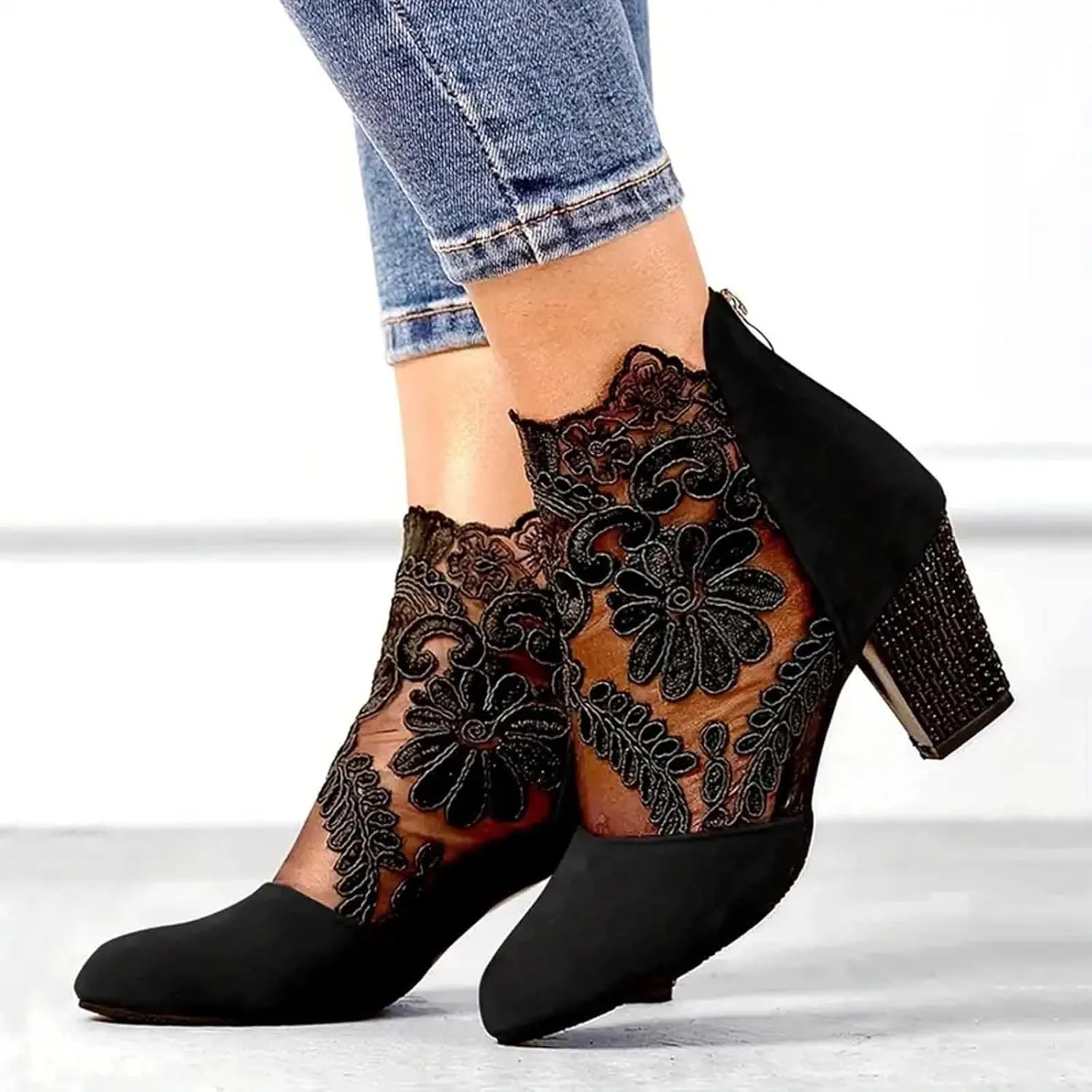 Women's Flowers Lace Fish Mouth Open Toe High Heels Sandals Back Zipper Chunky Heel Summer Dress Shoes Floral & Lace Mesh Breathable Shoes