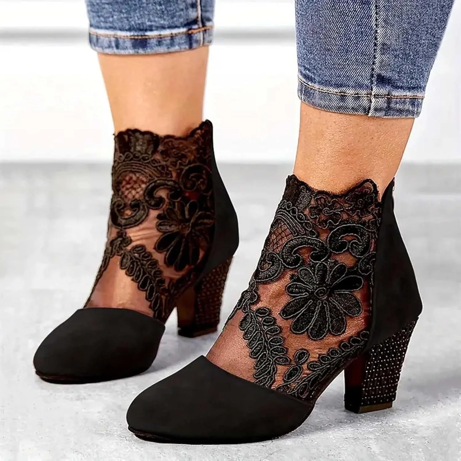Women's Flowers Lace Fish Mouth Open Toe High Heels Sandals Back Zipper Chunky Heel Summer Dress Shoes Floral & Lace Mesh Breathable Shoes