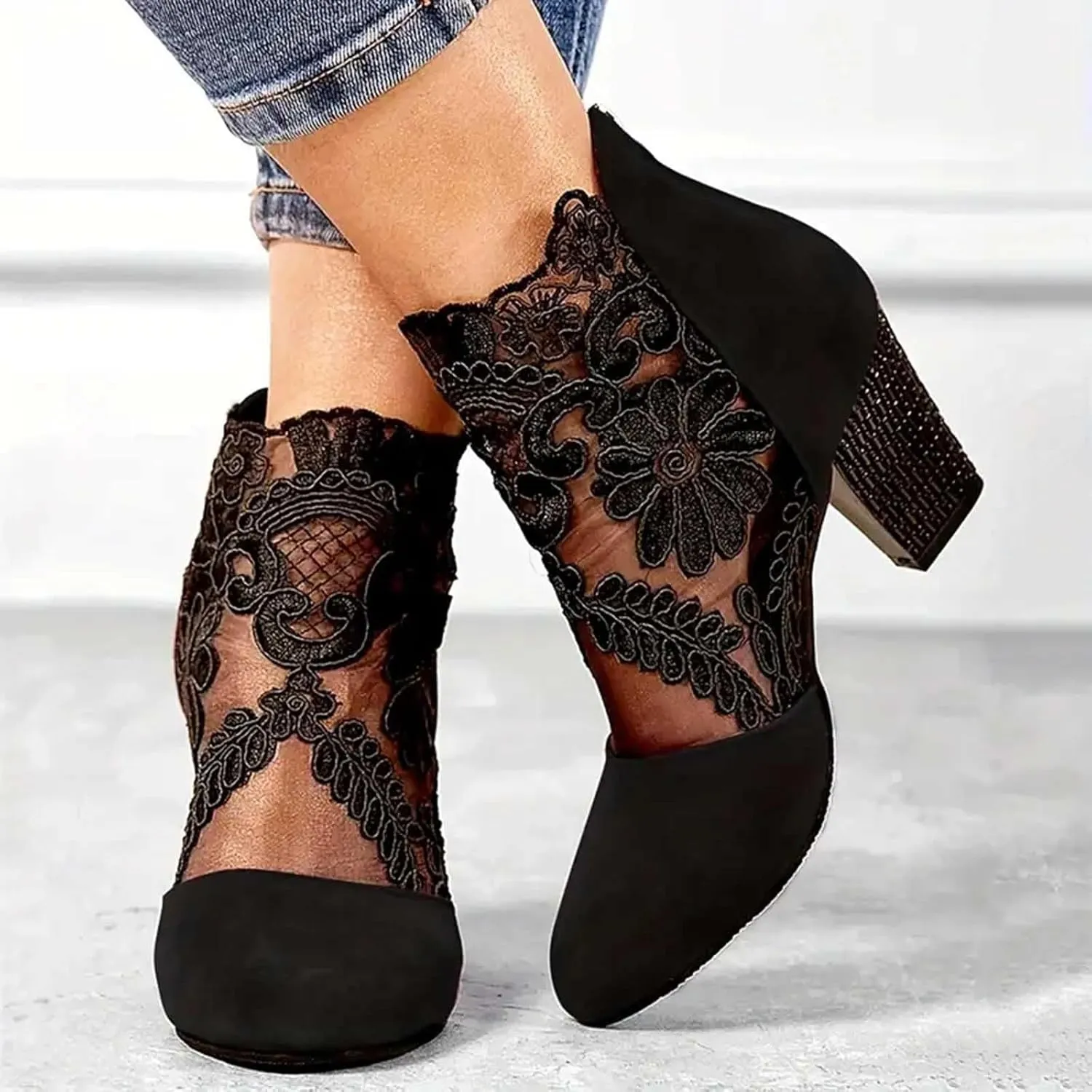 Women's Flowers Lace Fish Mouth Open Toe High Heels Sandals Back Zipper Chunky Heel Summer Dress Shoes Floral & Lace Mesh Breathable Shoes