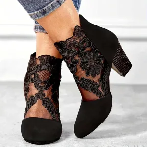 Women's Flowers Lace Fish Mouth Open Toe High Heels Sandals Back Zipper Chunky Heel Summer Dress Shoes Floral & Lace Mesh Breathable Shoes